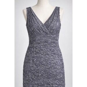 Marina Womens Gray Lace Layered Sequin Sleeveless Sheath Dress Sz 12 Party Retro